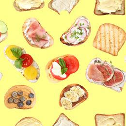 Image of Set of delicious toasted bread with different toppings on yellow background, top view