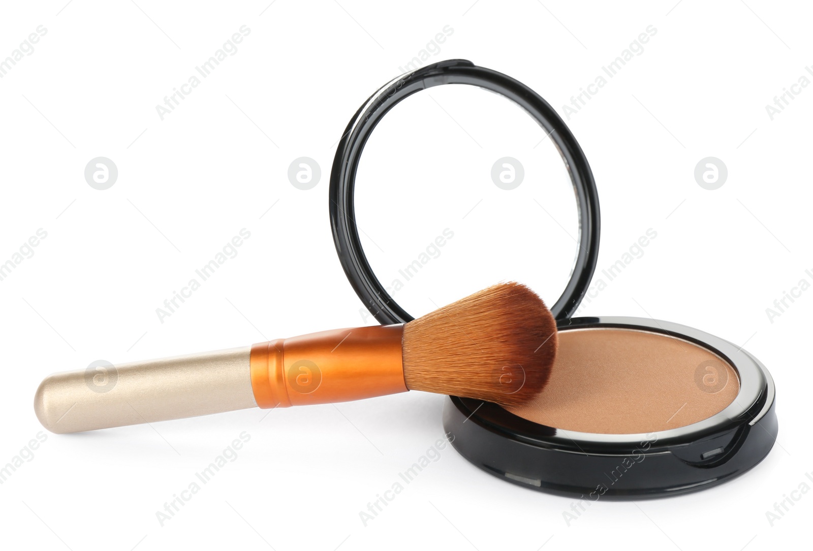 Photo of Face powder with brush on white background. Makeup product