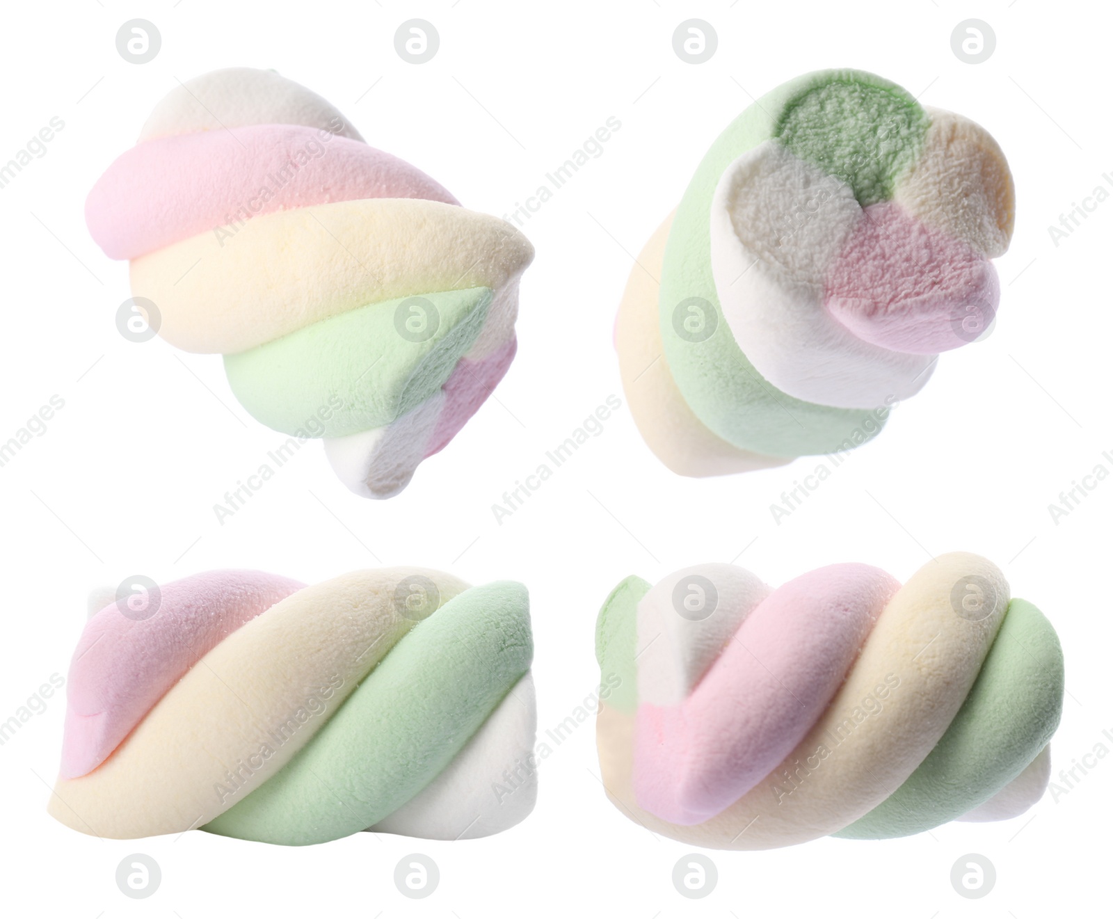 Image of Set with tasty colorful marshmallows on white background