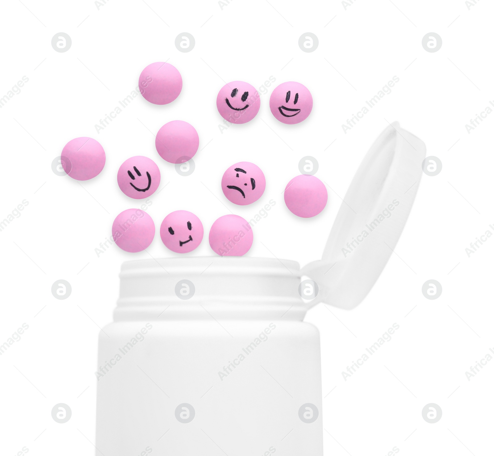 Photo of Bottle and pink antidepressant pills with emotional faces isolated on white, top view