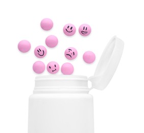 Bottle and pink antidepressant pills with emotional faces isolated on white, top view