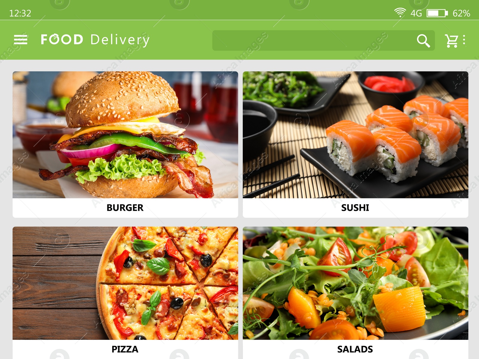 Image of Food delivery app. Display with appetizing menu