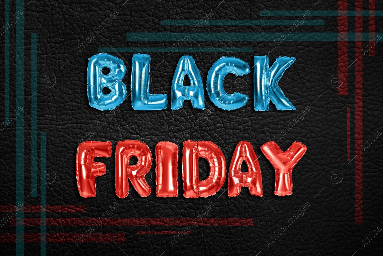 Image of Phrase BLACK FRIDAY made of foil balloon letters on dark background