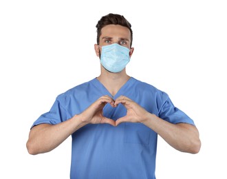 Doctor in protective mask making heart with hands on white background