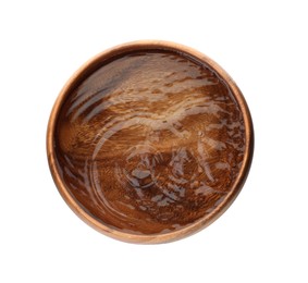 Wooden bowl full of water isolated on white, top view