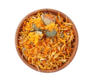 Photo of Dry calendula flowers in wooden bowl isolated on white, top view