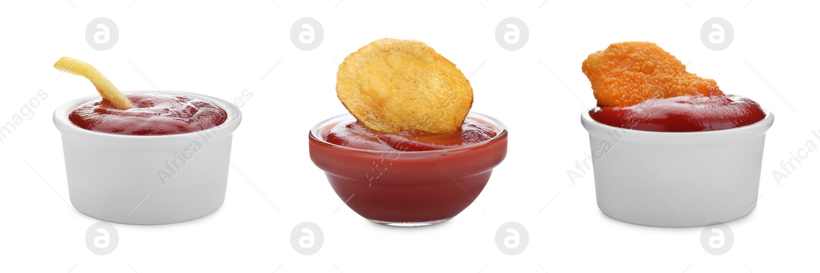 Image of Set with bowls of ketchup and snacks on white background