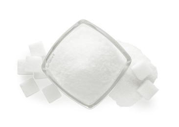 Photo of Different types of sugar isolated on white, top view