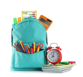 Photo of Bright backpack with school stationery isolated on white