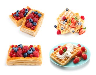 Image of Set with tasty puff pastries and waffles on white background