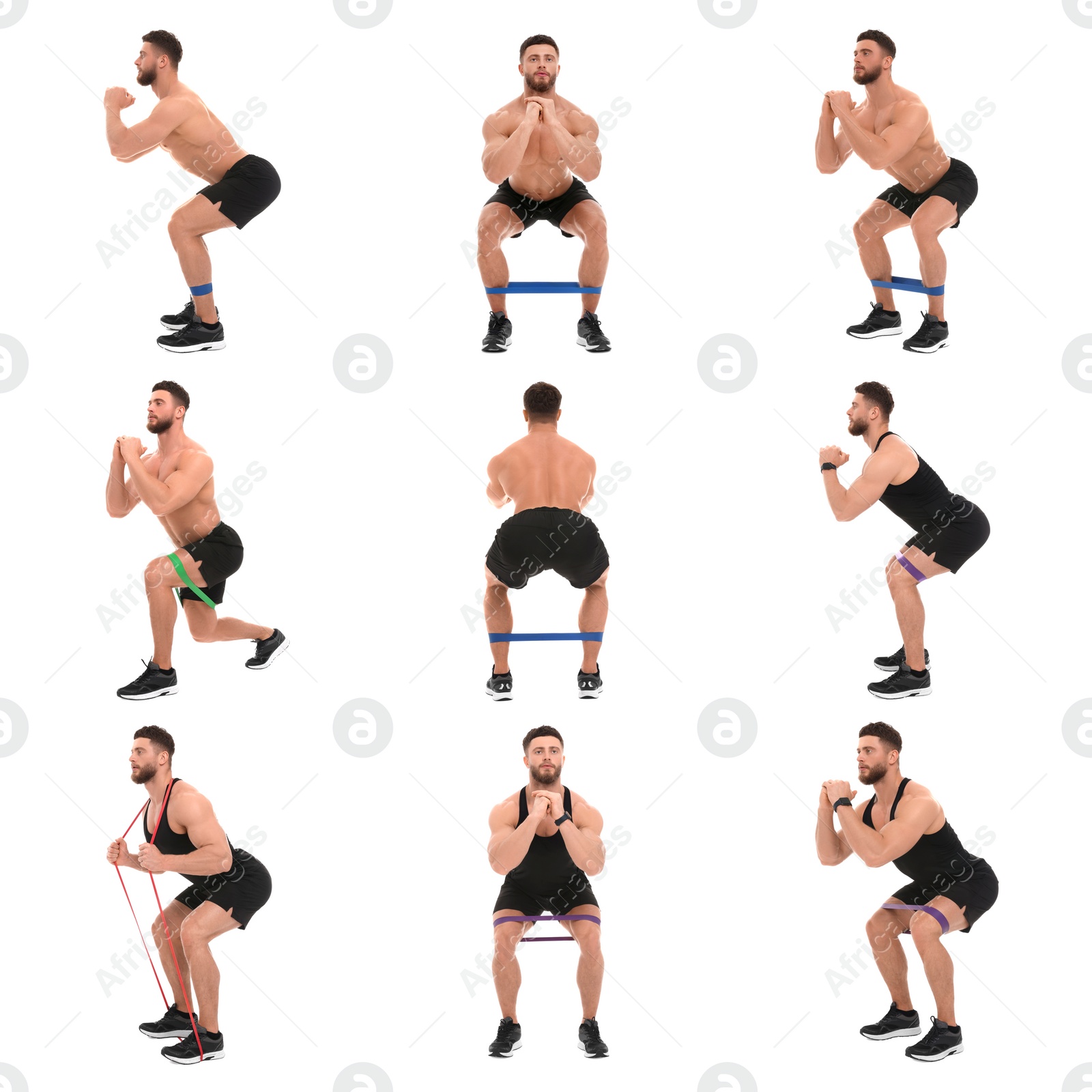 Image of Athletic man doing different exercises with elastic resistance band on white background, set of photos