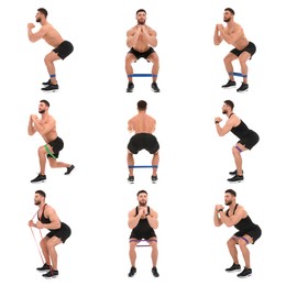 Athletic man doing different exercises with elastic resistance band on white background, set of photos