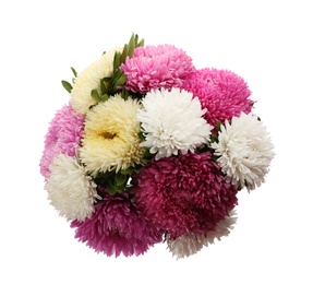 Bouquet of beautiful asters isolated on white, top view. Autumn flowers