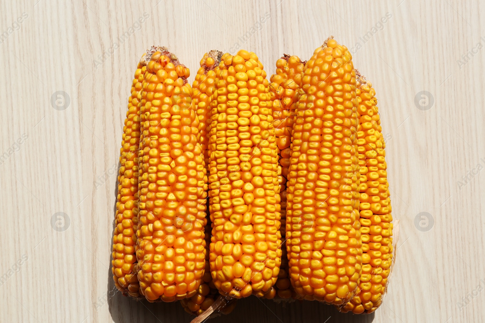 Photo of Delicious ripe corn cobs on white wooden table, top view