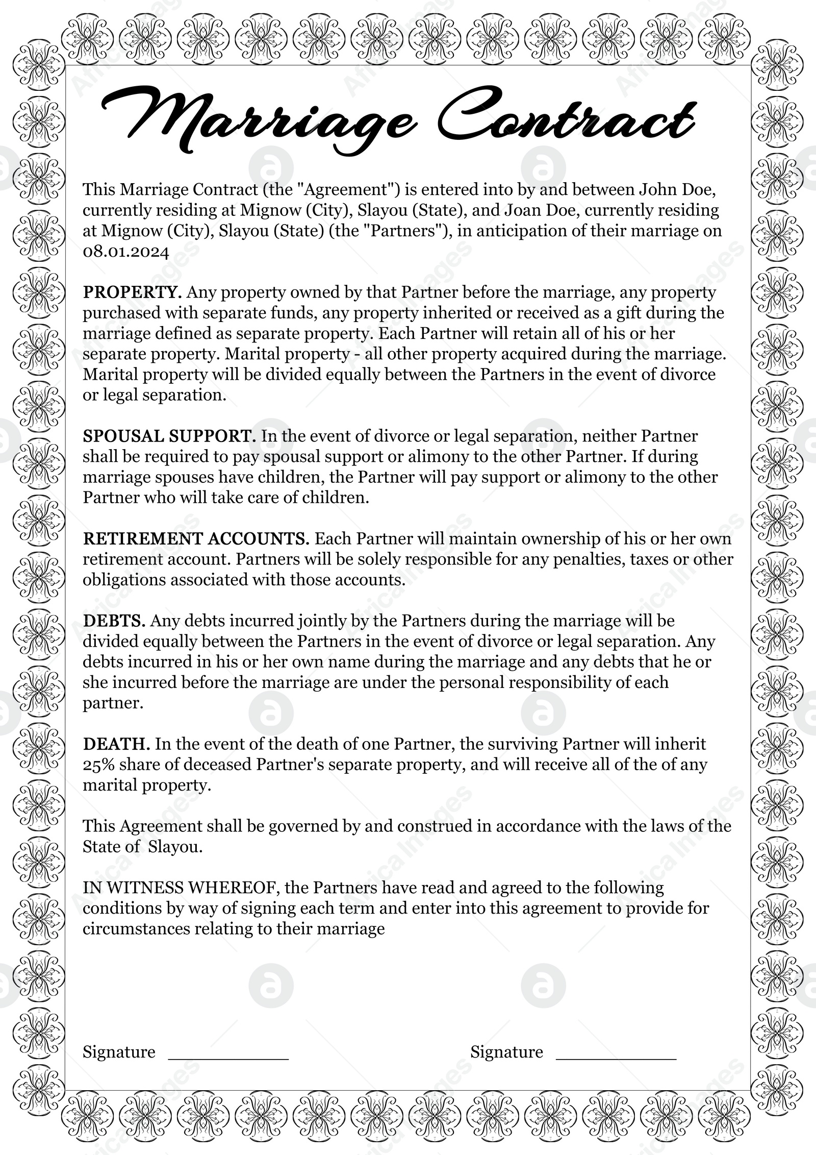 Image of Marriage contract. Text of agreement on white background