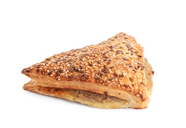 Fresh tasty puff pastry on white background