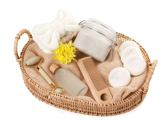 Spa gift set with different products in wicker basket on white background