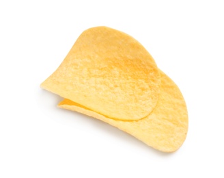 Tasty crispy potato chips on white background