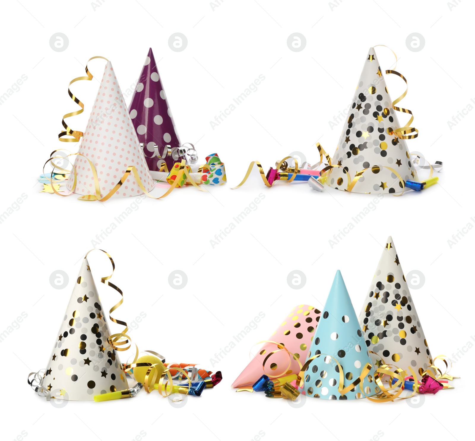 Image of Set with colorful party hats, blowers and streamers on white background 