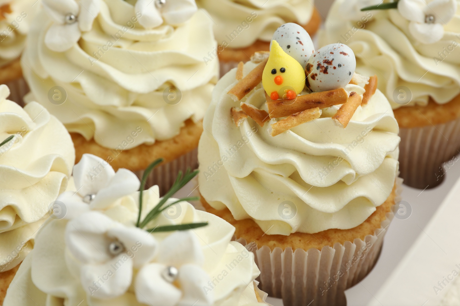 Photo of Tasty Easter cupcakes with vanilla cream in box, closeup