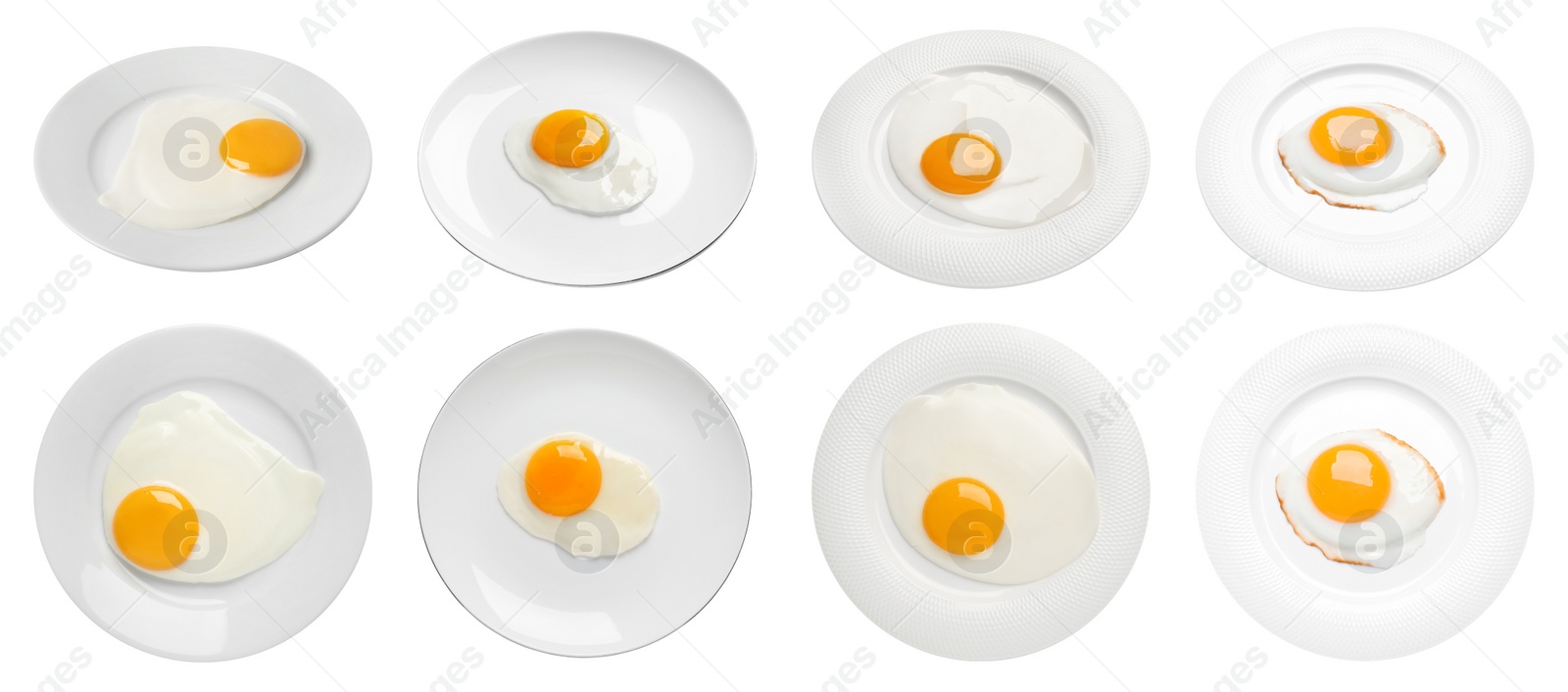 Image of Set with tasty fried eggs on white background. Banner design