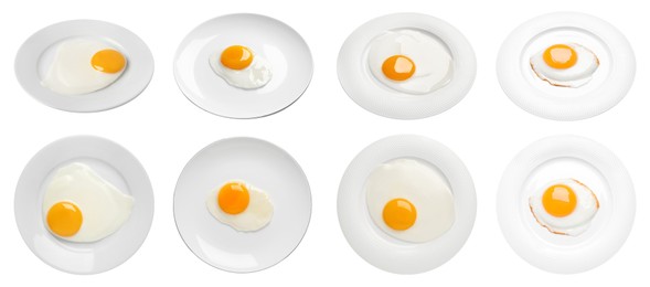 Set with tasty fried eggs on white background. Banner design