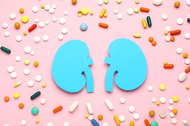 Paper cutout of kidneys and pills on pink background, flat lay