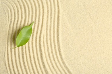 Photo of Zen rock garden. Wave pattern and green leaf on beige sand, top view