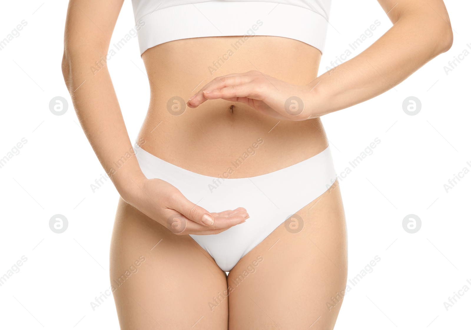 Photo of Gynecology. Woman in underwear on white background, closeup