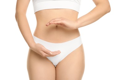 Gynecology. Woman in underwear on white background, closeup