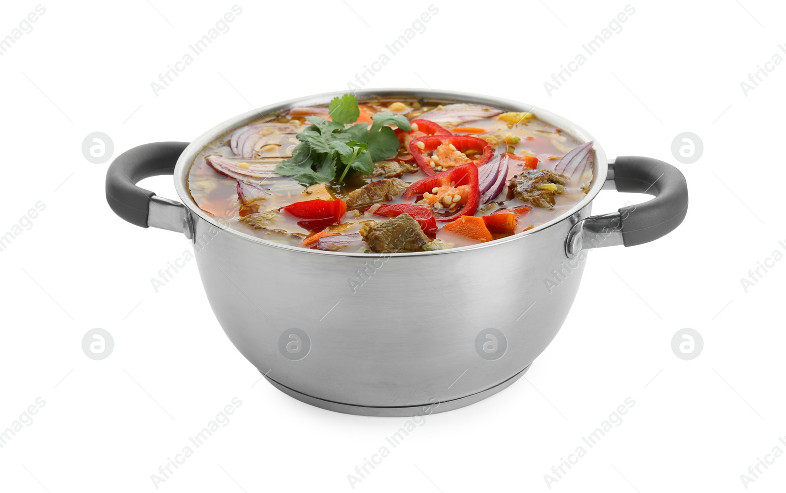 Photo of Saucepan of delicious vegetable soup with beef isolated on white