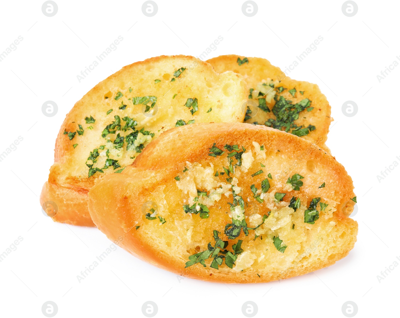 Photo of Slices of tasty garlic bread with herbs isolated on white