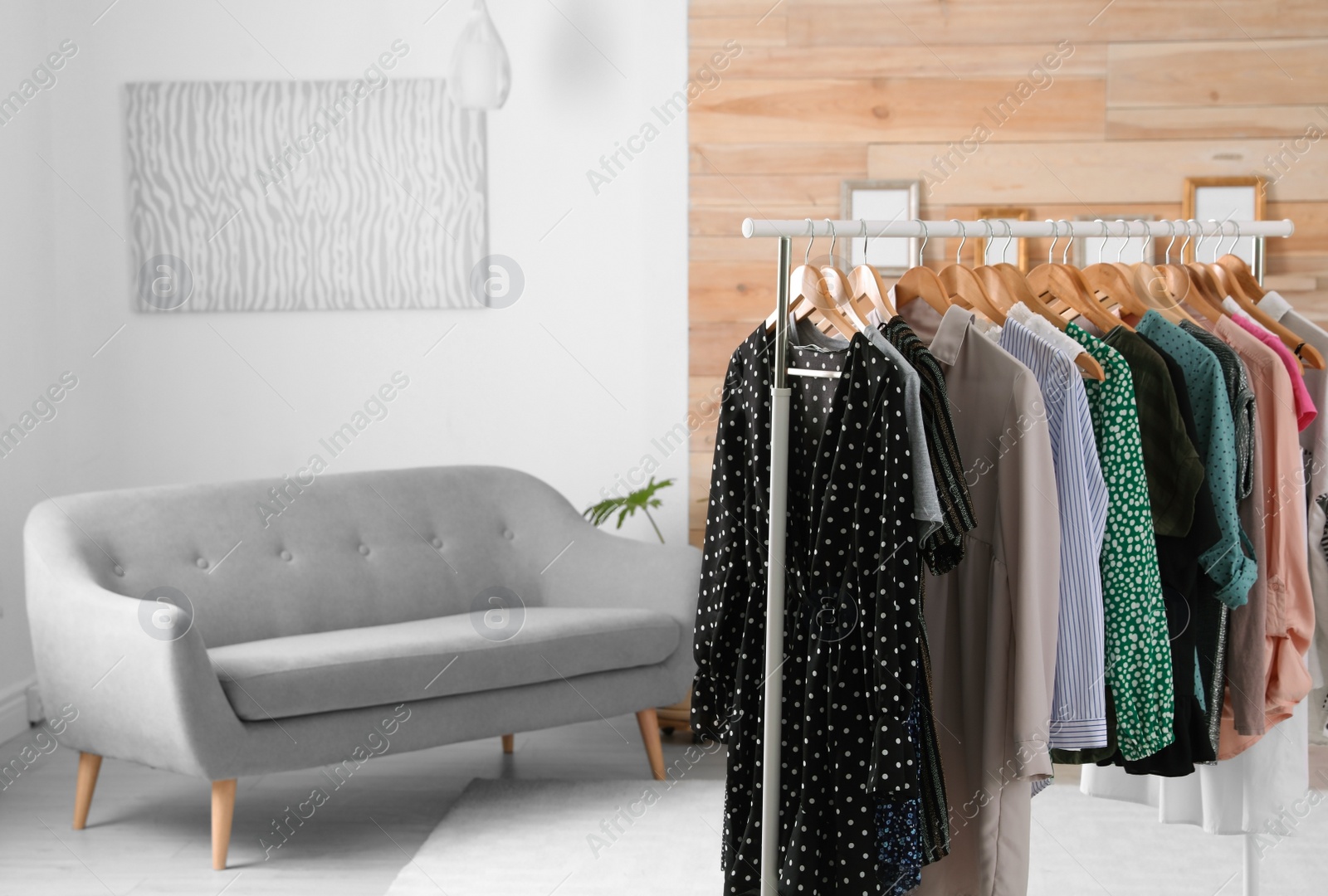 Photo of Wardrobe rack with stylish clothes and sofa in dressing room. Space for text