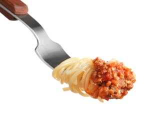 Photo of Fork with delicious pasta bolognese on white background