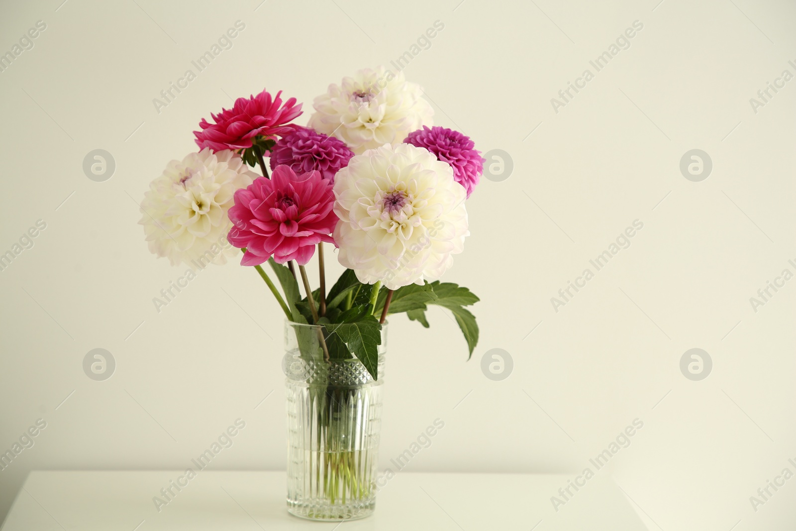 Photo of Bouquet of beautiful Dahlia flowers in vase on table near white wall