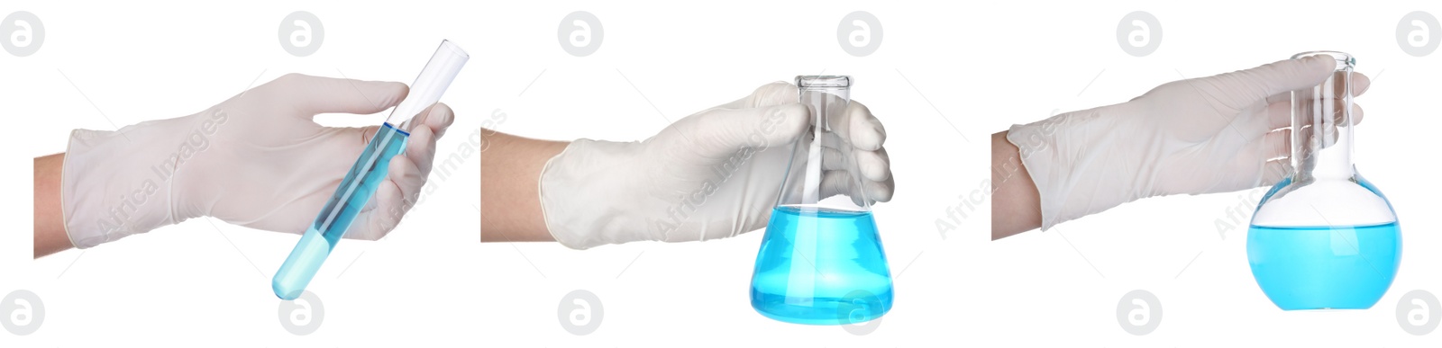 Image of Collage with photos of scientists holding different laboratory glassware with light blue samples on white background, closeup. Banner design