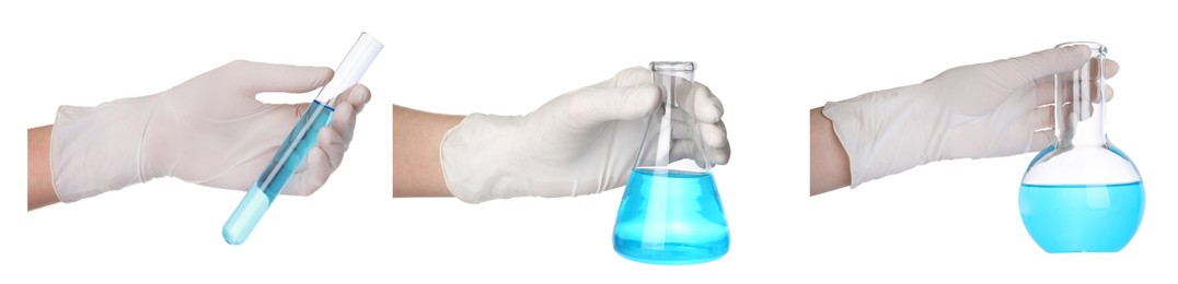 Image of Collage with photos of scientists holding different laboratory glassware with light blue samples on white background, closeup. Banner design