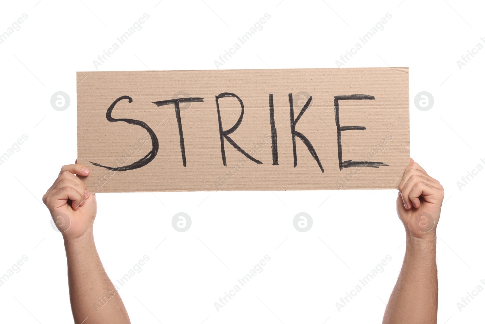 Photo of Man holding cardboard banner with word Strike on white background, closeup