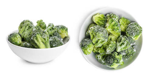Image of Frozen broccoli in bowls on white background. Vegetable preservation