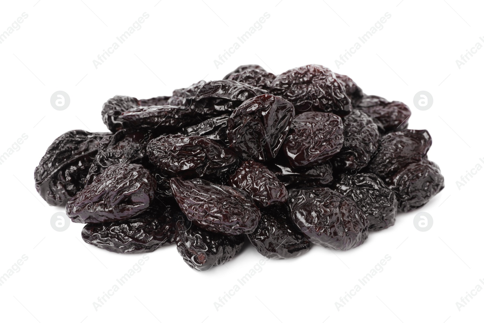 Photo of Pile of sweet dried prunes on white background