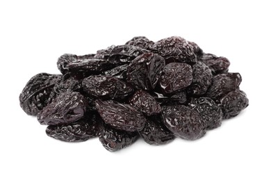 Photo of Pile of sweet dried prunes on white background