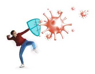 Image of Be healthy - boost your immunity. Woman blocking viruses with shield, illustration