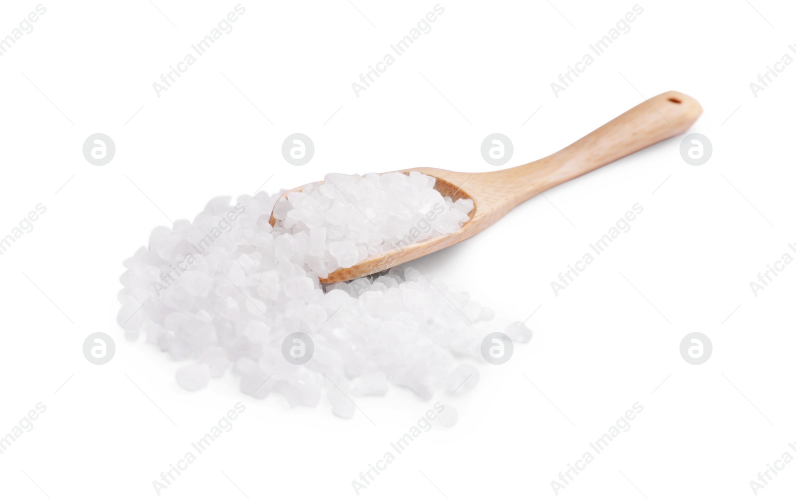 Photo of Wooden spoon with natural sea salt isolated on white