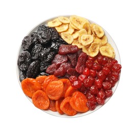 Photo of Delicious dried fruits isolated on white, top view