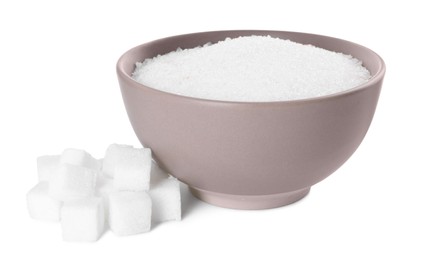 Photo of Different types of sugar and bowl isolated on white