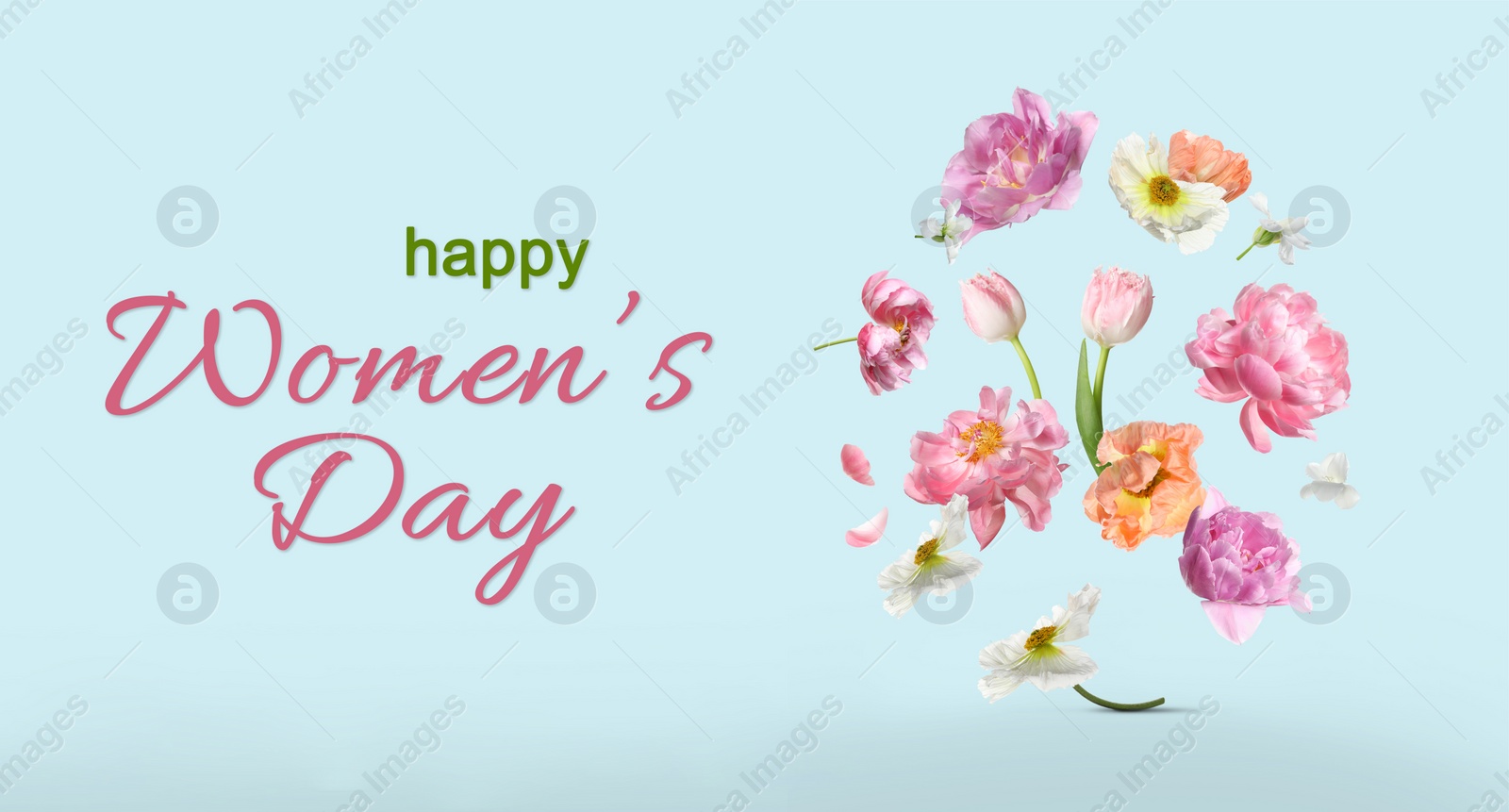 Image of Happy Women's Day greeting card design with beautiful flowers on light blue background