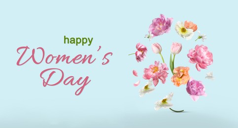 Image of Happy Women's Day greeting card design with beautiful flowers on light blue background