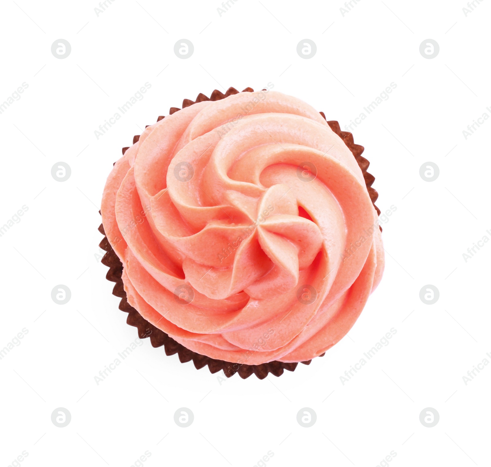 Photo of Delicious cupcake with pink cream isolated on white, top view