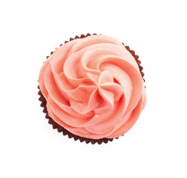 Photo of Delicious cupcake with pink cream isolated on white, top view