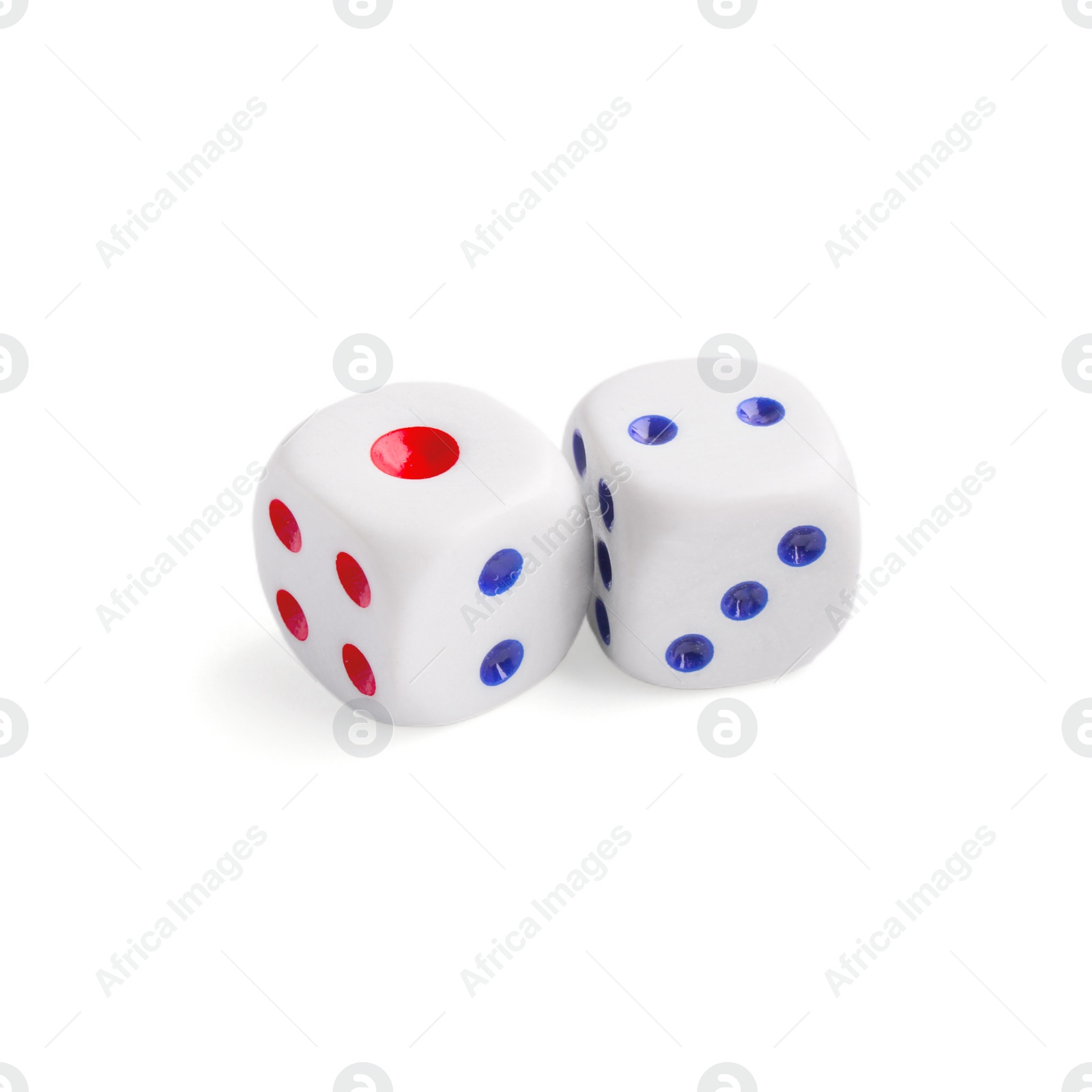 Photo of Two dices isolated on white. Game cubes